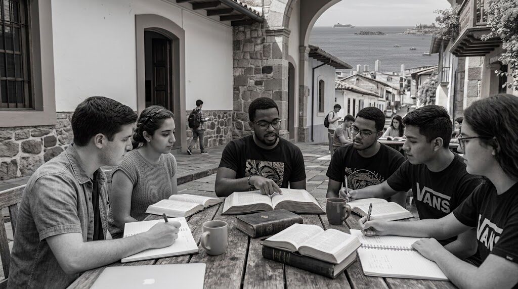 Grupo de estudiantes estudiando la Biblia al aire libre en una calle colonial frente al mar Caribe